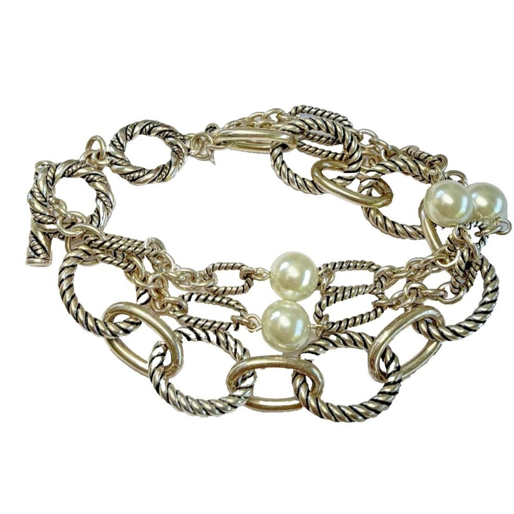 Vintage Chunky Rope Chain Toggle Bracelet Faux Pearl Charm Silver Tone Coastal